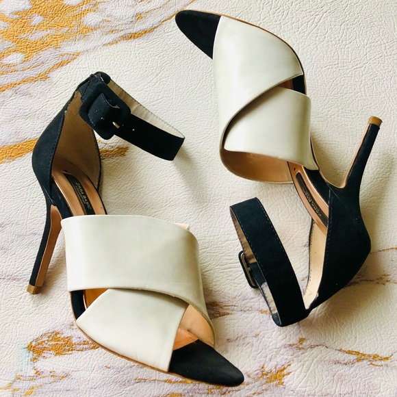 Zara Open-Toe Black and White Heels with Adjustable Strap - Picture 5 of 10